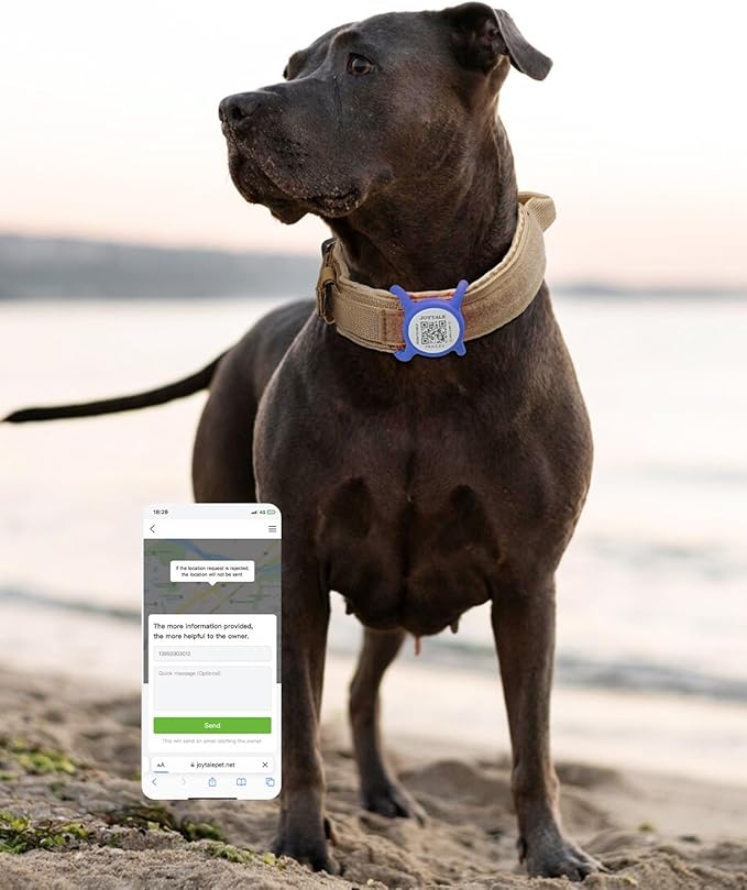 Joytale [ NO APP Required ] Silent Silicone QR Code Dog Tag, Slide On Dog Tags for 1.2-1.6Inch Collars or Vest, NFC Pet Online Profile, Scan QR to Send Location Alert Email, Navy Blue, L
