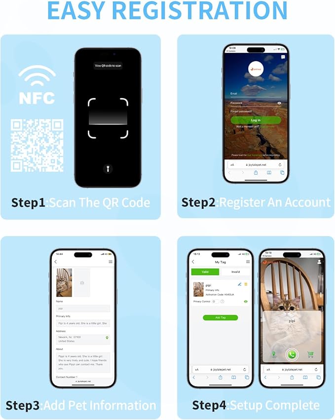 Joytale [ NO APP Required ] Silent Silicone QR Code Dog Tag, Slide On Dog Tags for 1 Inch Wide Collars or Vest, NFC Pet Online Profile, Scan QR to Send Location Alert Email, Sky Blue, M