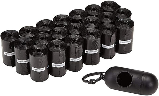 Amazon Basics Dog Poop Leak Proof Bags With Dispenser and Leash Clip, Unscented, 300 Count, 20 Pack of 15, Black, 13 Inch x 9 Inch