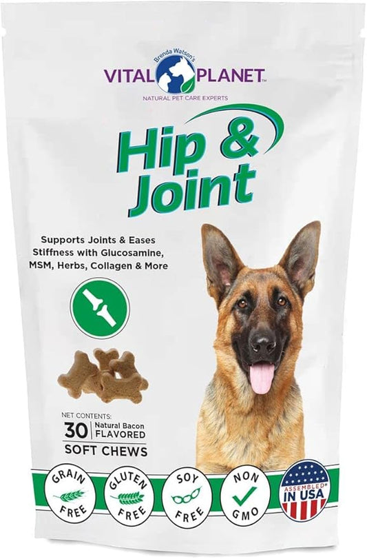Vital Planet - Hip and Joint Soft Chews for Dogs, with Glucosamine, MSM, and Collagen from Green-Lipped Mussel - 30 Bacon Flavored Soft Chews