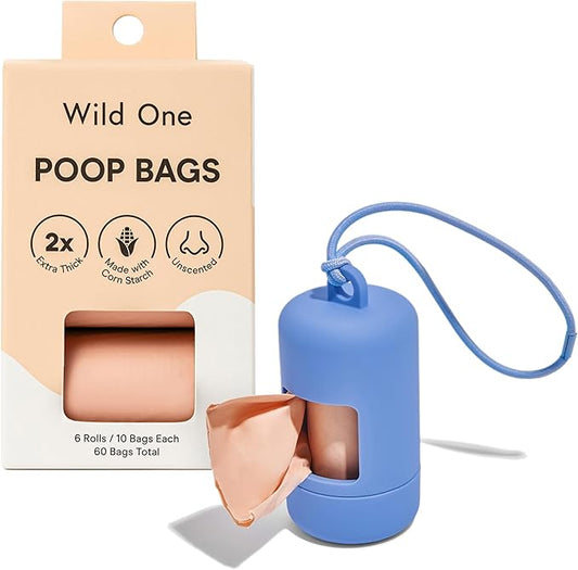 Wild One Dog Poop Bag Holder and Dispenser with Leash Attachment, Leak Proof, Easy Twist Top for Refills, Includes 1 Box Poop Bags, Moonstone