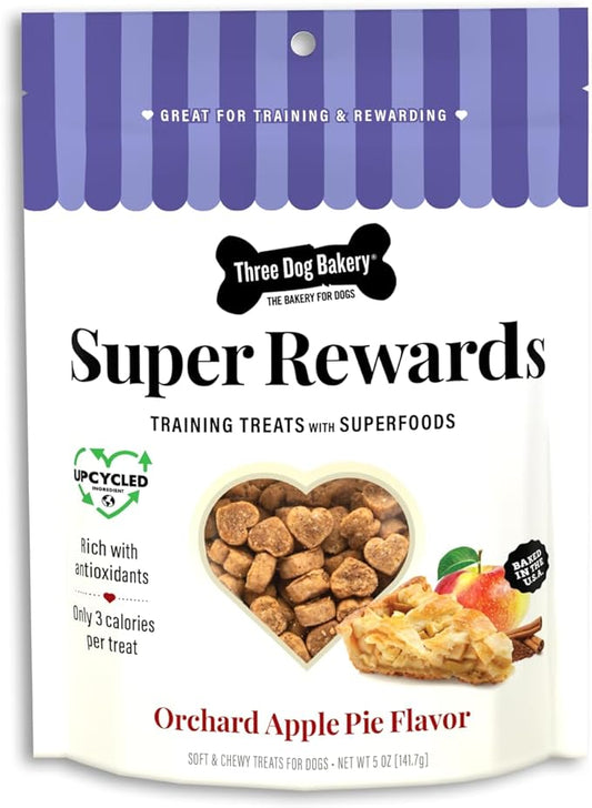 Three Dog Bakery Soft and Chewy Super Rewards with Superfoods Dog Treats, Low Calorie Dog Training Treats for Dogs, Orchard Apple Pie Flavor, 5 Ounce Resealable Bag