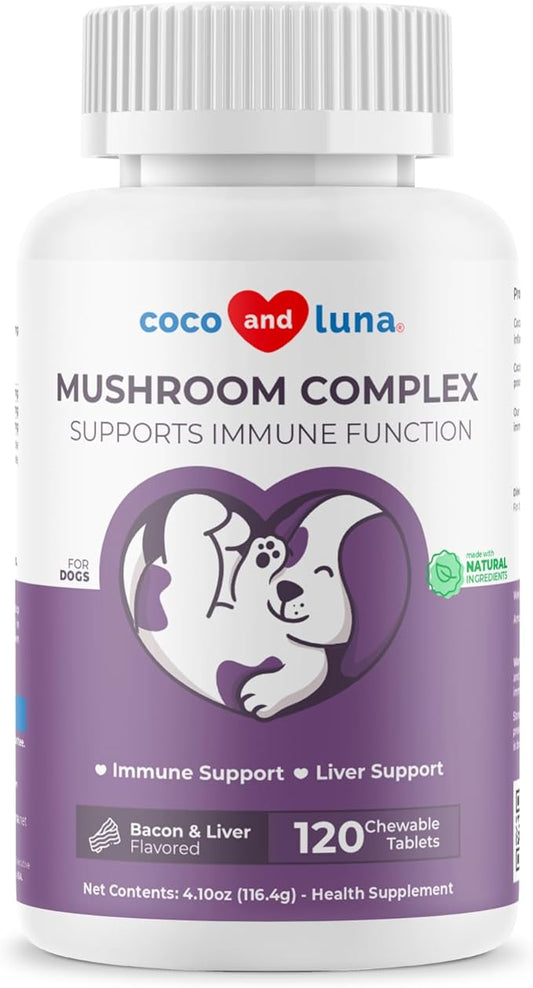 Mushroom Complex for Dogs - 120 Chewable Tablets - Turkey Tail Mushroom for Dogs - Immune Support, Joint Support, Digestive Support and Liver Support with Milk Thistle - Dog Mushroom Supplement