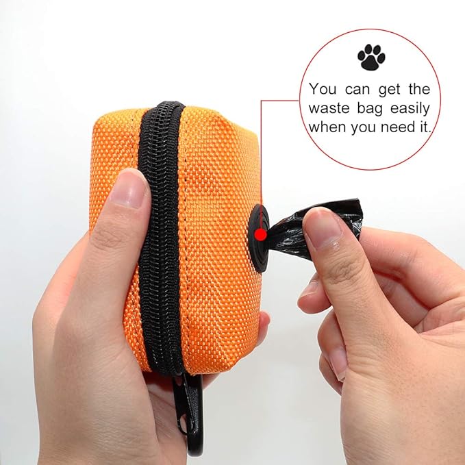 SLSON Pet Waste Bag Dispenser Zippered Pouch,Portable Dog Poop Bag Holder Leash Attachment Lightweight Fabric Bags (Orange)