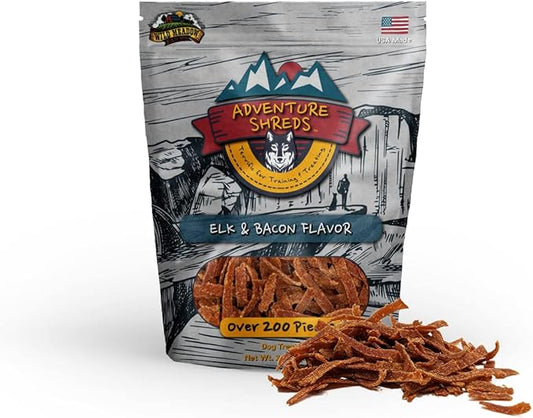 Wild Meadow Farms - Adventure Shreds Elk & Bacon Dog Treats, Soft & Thin Dog Treats for Training & Rewards, Grain-Free Snacks for Pets of All Breeds and Ages - 2.5 Ounce Pouch