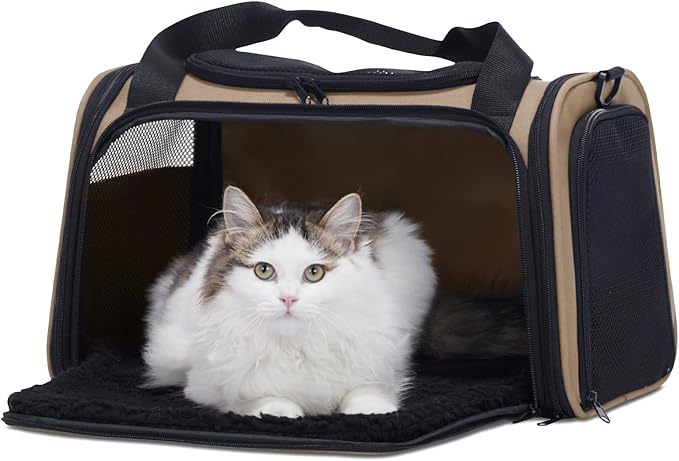 PETSFIT PET Carrier for Cat, Small Dogs, Dog Carrier Airline Approved, TSA Approved Soft Cat Carrier for Travel, Small Animal Carrier for Pets Under 12 Lbs, Khaki