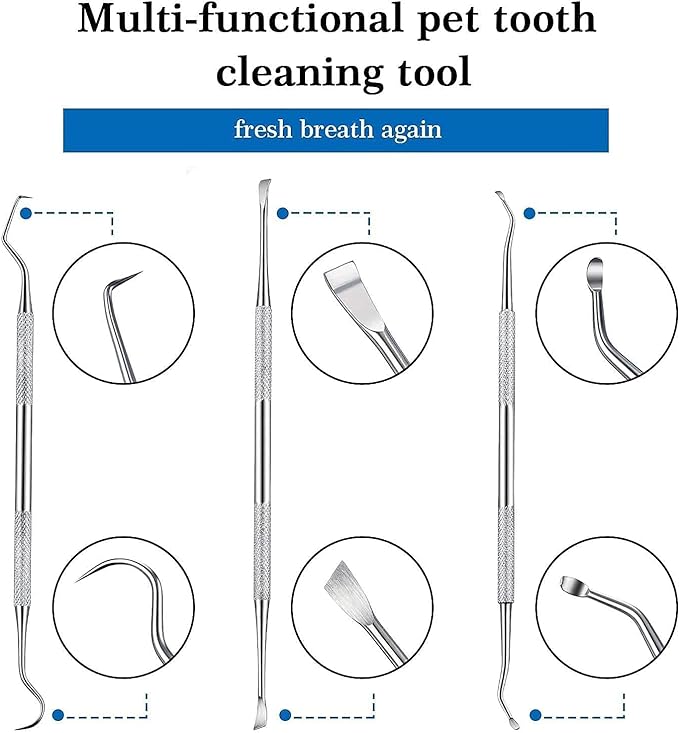 3 Pieces Dog Dental Tooth Scaler and Scraper Stainless Double Headed Tarter Removing Tool Scraper Pet Teeth Cleaning Tools for Dog and Cat