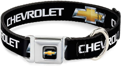 Buckle-Down Seatbelt Buckle Dog Collar - Chevy Bowtie Black/Gold Logo REPEAT - 1.5" Wide - Fits 18-32" Neck - Large