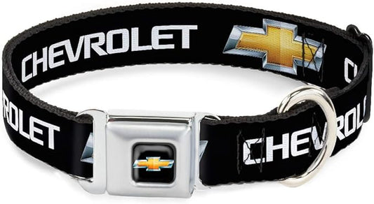 Buckle-Down Seatbelt Buckle Dog Collar - Chevy Bowtie Black/Gold Logo REPEAT - 1.5" Wide - Fits 18-32" Neck - Large