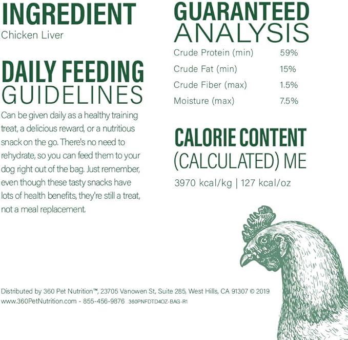 360 Pet Nutrition Freeze Dried Chicken Liver Raw Single Ingredient Treats, Made in The USA, 4 Ounce (Chicken Liver)