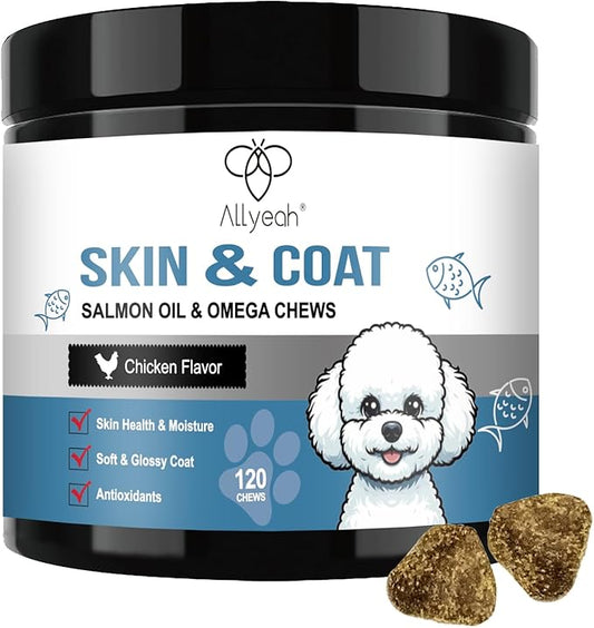Omega 3 Fish Oil for Dogs, Salmon Oil Skin and Coat Supplement for Dogs Dog Allergy Relief, Dry & Itching Skin Relief Treatment, Allergy Chews - Dog Anti Shedding Treats - Shiny Coats - EPA & DHA
