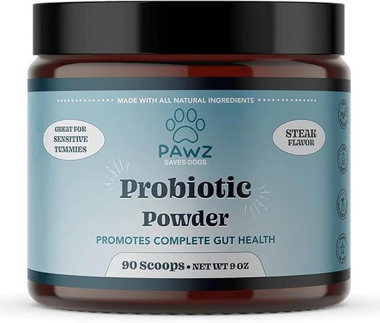 PAWZ Probiotic Powder for Dogs - 90 Scoops Steak Flavor - Promotes Gut Health and Digestion - Probiotics Supplement Support Immune System & Skin and Coat Health - Suitable for All Types of Dogs