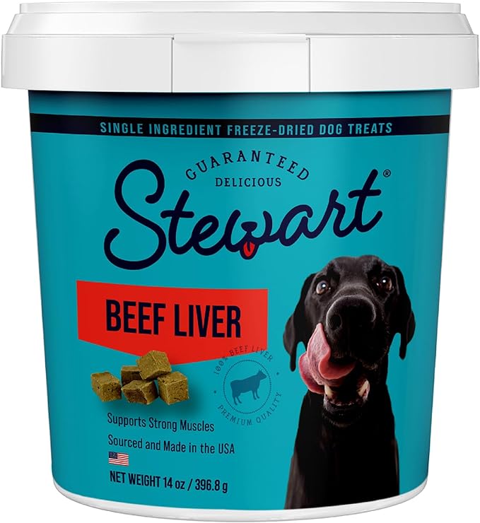 Stewart Freeze Dried Dog Treats, Beef Liver, 14 oz, Grain Free & Gluten Free, Resealable Tub, Single Ingredient, Training Treat in Beef Liver, Salmon, Chicken Liver & Chicken Breast 4, 14, 21 oz