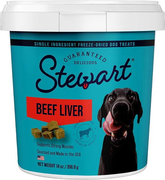 Stewart Freeze Dried Dog Treats, Beef Liver, 14 oz, Grain Free & Gluten Free, Resealable Tub, Single Ingredient, Training Treat in Beef Liver, Salmon, Chicken Liver & Chicken Breast 4, 14, 21 oz