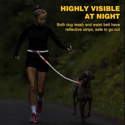 Pawaboo Hands-Free Dog Leash with Waist Belt, Elastic Dog Waist Leash with Wider Belt, Reflective Dog Running Belt Absorbing Shock, Durable Padded Handle Bungee Leash for Dogs (25-150 lbs, Grey)