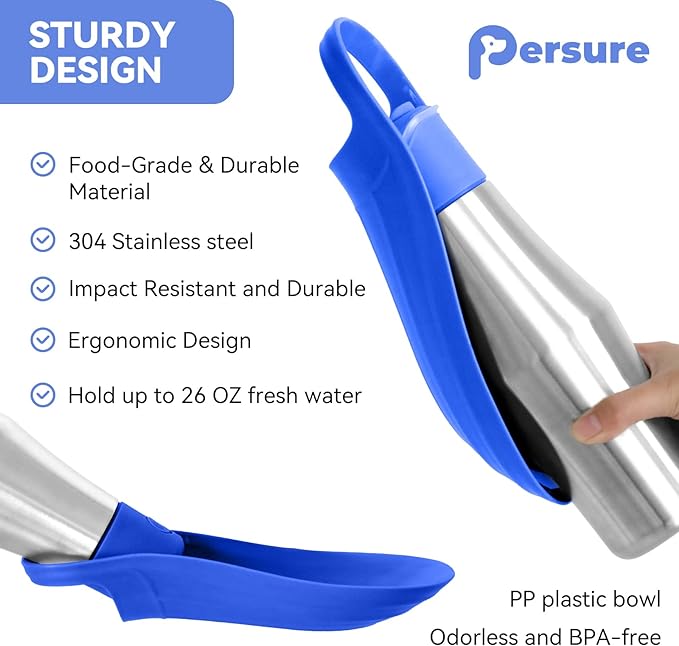 Dog Water Bottle, Portable Dog Water Bottle Dispenser - 27 OZ Stainless Steel Leak-Proof Water Bottle for Dogs On The Go, Perfect for Travel, Walking, Hiking and Outdoor Activities, Blue