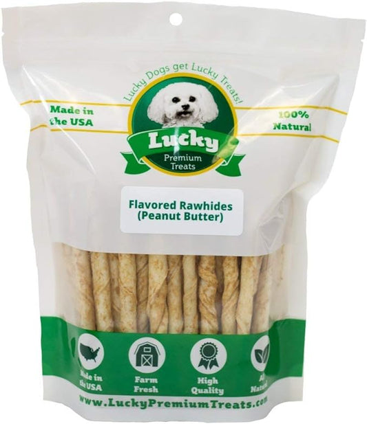 Lucky Premium Treats, Peanut Butter Basted Rawhide, Small Dog Treats, 60 Chews, Gluten Free, 0.15 lbs