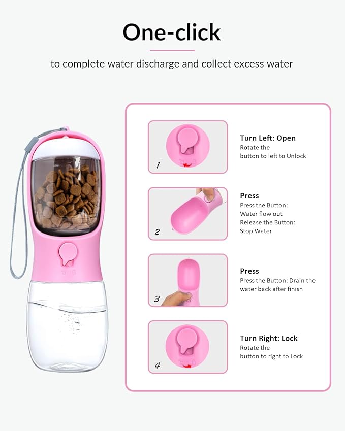 Dog Water Bottle 2 in 1, Leak Proof Portable Pet Water Bottle with Food Container, Outdoor Portable Water Dispenser for Cat, Puppy for Walking, Hiking, Camping, Travel(10oz Pink)