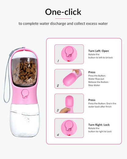 Dog Water Bottle 2 in 1, Leak Proof Portable Pet Water Bottle with Food Container, Outdoor Portable Water Dispenser for Cat, Puppy for Walking, Hiking, Camping, Travel(10oz Pink)