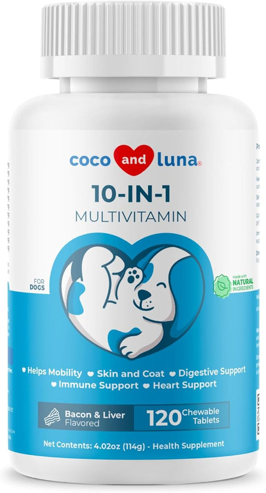 10 in 1 Multivitamin for Dogs - 120 Chewable Tablets - Hip and Joint Support with Glucosamine and Chondroitin - Omega Fish Oil & Vitamins with Coq10 for Skin & Heart Health, Gut & Immune Support