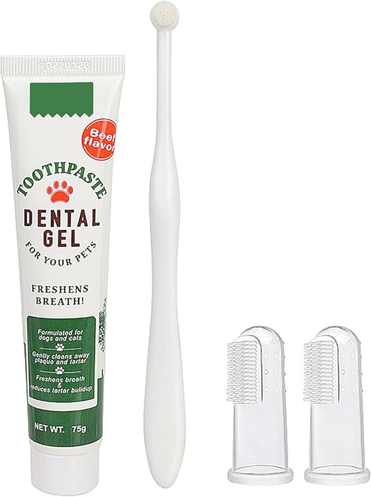 Pet Toothbrush Toothpaste Kit Dog Teeth Cleaning Cat Teeth Cleaning Dental Care Kit Pet Finger Toothbrush, Reduce Plaque & Tartar Buildup, Beef Flavor