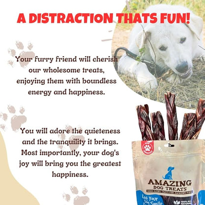 Amazing Dog Treats - 6 Inch Extra Thick Braided Gullet Stick (4 Pc/Pack) - Dog Jerky Treats - Beef Esophagus -Gullet Sticks for Dogs - Braided Gullet Sticks Dog Chews - Beef Esophagus Dog Treats