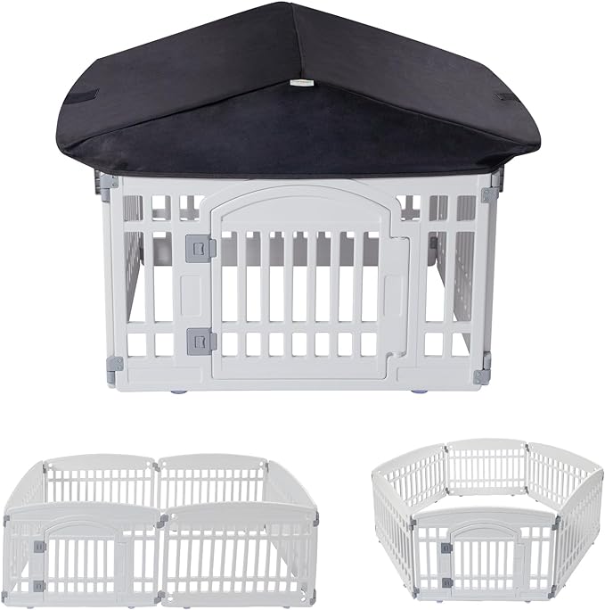 Pet Playpen Foldable Gate for Dogs Plastic Puppy Exercise Pen with Door Portable Indoor Outdoor Pets Fence Puppies Folding Cage 4 Panels House Supplies (6*Playpen White Roof with Cover)