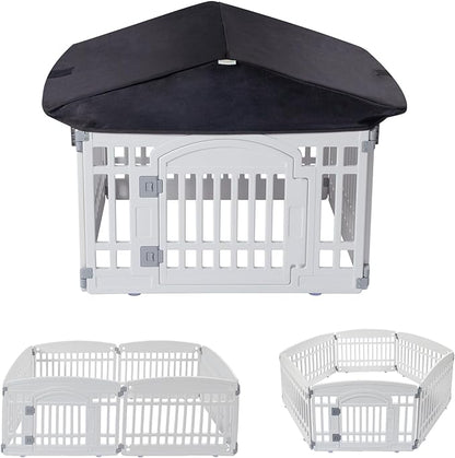 Pet Playpen Foldable Gate for Dogs Plastic Puppy Exercise Pen with Door Portable Indoor Outdoor Pets Fence Puppies Folding Cage 4 Panels House Supplies (6*Playpen White Roof with Cover)