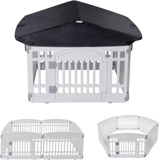 Pet Playpen Foldable Gate for Dogs Plastic Puppy Exercise Pen with Door Portable Indoor Outdoor Pets Fence Puppies Folding Cage 4 Panels House Supplies (6*Playpen White Roof with Cover)