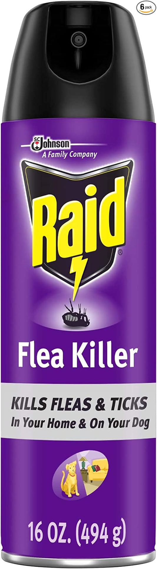 Raid Flea Killer, Kills Fleas, Crickets, Roaches, Silverfish and Ticks, Use in your Home or on your Dog, 16 oz (Pack of 6)