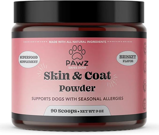 PAWZ Skin & Coat Supplement Powder for Dogs - 90 Scoops Beef Flavor - Omega 3 Probiotics Supplement Support Coat Density and Strength - Suitable for All Types of Dogs