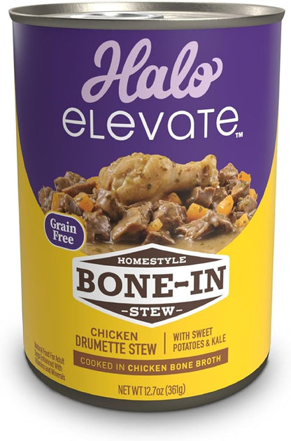 HALO Elevate Wet Dog Food, Grain Free, Homestyle Bone-in Chicken Stew with Sweet Potatoes & Kale, 12.7oz (Pack of 6)