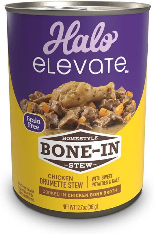 HALO Elevate Wet Dog Food, Grain Free, Homestyle Bone-in Chicken Stew with Sweet Potatoes & Kale, 12.7oz (Pack of 6)