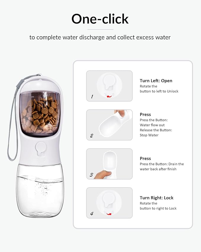 Dog Water Bottle 2 in 1, Leak Proof Portable Pet Water Bottle with Food Container, Outdoor Portable Water Dispenser for Cat, Puppy for Walking, Hiking, Camping, Travel(10oz White)