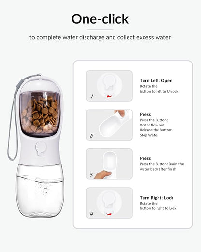Dog Water Bottle 2 in 1, Leak Proof Portable Pet Water Bottle with Food Container, Outdoor Portable Water Dispenser for Cat, Puppy for Walking, Hiking, Camping, Travel(10oz White)