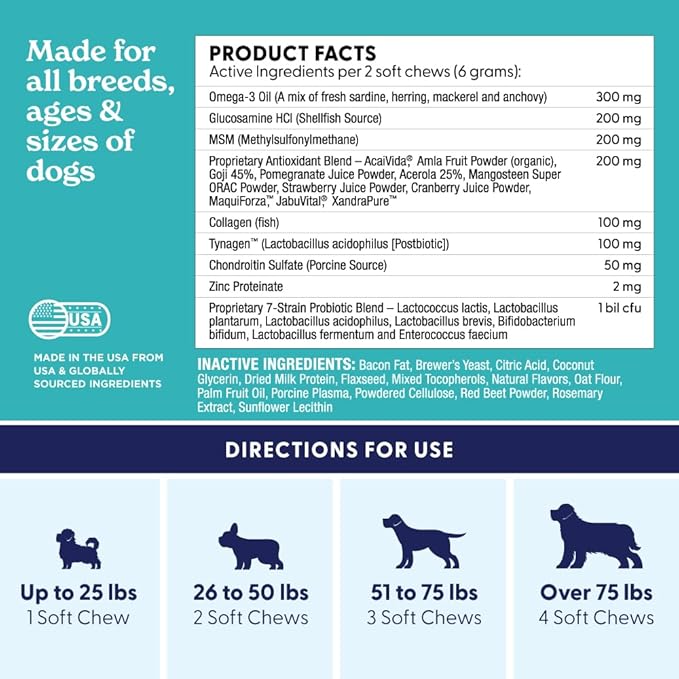 Adult Dog Multifunction Support, Omega 3 Supplement, Gut Health Probiotics, Immune Support, Heart, Skin, Liver, Brain, Joint Health, Glucosamine Chondroitin, Bacon Flavor, 90 Soft Chews