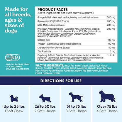 Adult Dog Multifunction Support, Omega 3 Supplement, Gut Health Probiotics, Immune Support, Heart, Skin, Liver, Brain, Joint Health, Glucosamine Chondroitin, Bacon Flavor, 90 Soft Chews