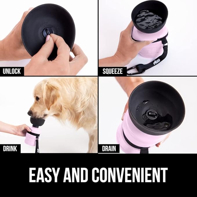 Gorilla Grip No Spill Portable Dog Water Bottle with Built in Bowl, Food Grade Silicone Leak Proof Pets Travel Drink Dispenser, Puppy Walk Training, Pet Hiking Essentials, Trip Accessories, Pink