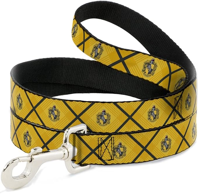 Dog Leash Harry Potter Hufflepuff Crest Plaid Yellows Gray 6 Feet Long 0.5 Inch Wide
