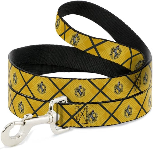 Dog Leash Harry Potter Hufflepuff Crest Plaid Yellows Gray 6 Feet Long 1.5 Inch Wide