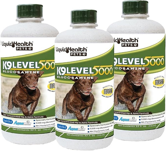LIQUIDHEALTH 32 Oz K9 Liquid Glucosamine Level 5000 for Dogs, Large Dogs and Breeds - Chondroitin, MSM, – Joint Health Supplements, Dog Vitamins Hip Joint Juice, Dog Joint Oil - 3 Pack