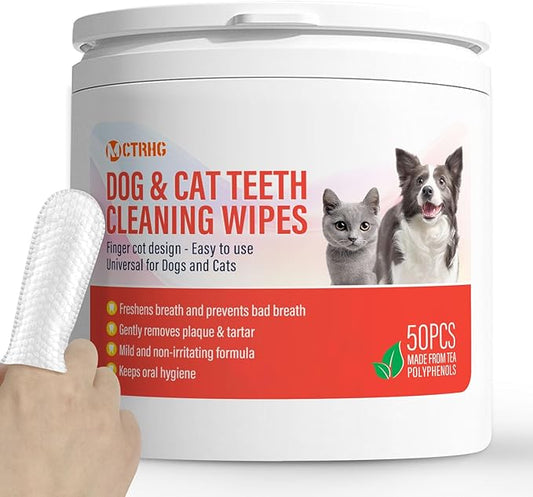 Dog Teeth Cleaning Wipes, Freshen Oral Odor & Remove Tartar Buildup, Dog Dental Care Finger Wipes for Cleaning & Gum Care, Disposable Dog Finger Toothbrush, Universal for Dogs & Cats, 50 Counts