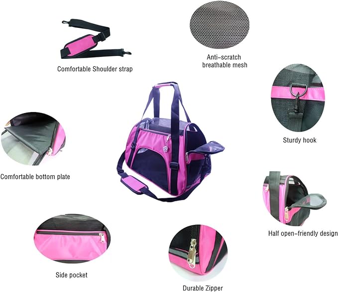 Cat Carrier,Soft-Sided Pet Travel Carrier for Cats,Dogs Puppy Comfort Portable Foldable Pet Bag Airline Approved (Medium-Rosered)