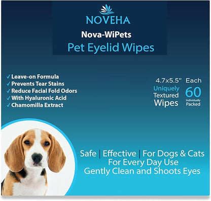 NOVEHA 60 Dog Eye Wipes, Gentle Tear Stain Remover, Eye Hygiene, Infection Prevention, and Allergy Relief