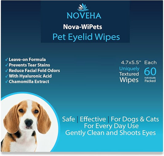 NOVEHA 60 Dog Eye Wipes, Gentle Tear Stain Remover, Eye Hygiene, Infection Prevention, and Allergy Relief