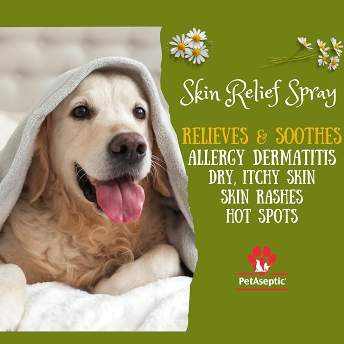 Skin Relief Spray for Dogs | Relieves Dry Itchy Skin, Hot Spots, Dandruff, Allergy Dermatitis, & Skin Rashes | Clear, Stainless, & Greaseless | Provides Fast, Temporary Relief | 4oz Spray
