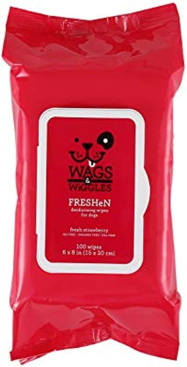 Wags & Wiggles Freshen Deodorizing Wipes for Dogs | Eliminate Odors from Your Dog's Coat | Fresh Strawberries, 100 Count | Easy and Convenient Way to Freshen Your Pet without A Bath, FF12825