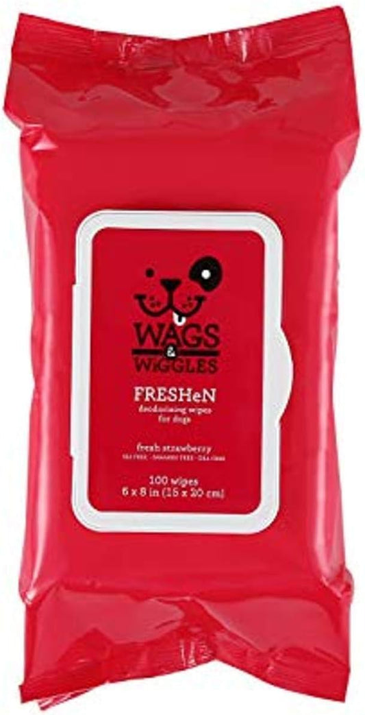 Wags & Wiggles Freshen Deodorizing Wipes for Dogs | Eliminate Odors from Your Dog's Coat | Fresh Strawberries, 100 Count | Easy and Convenient Way to Freshen Your Pet without A Bath, FF12825