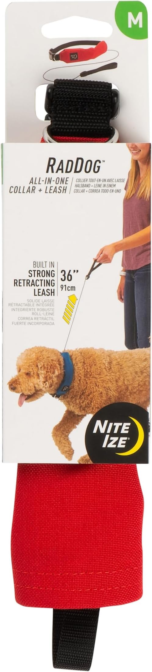 Nite Ize Raddog All-in-One Collar and Leash Combo - Heavy-Duty Dog Collar with Built-in Retractable Leash - 16" to 18" Collar - Red, Medium