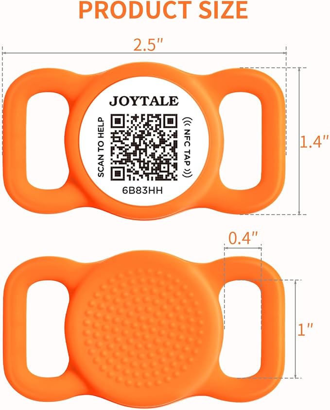 Joytale [ NO APP Required ] Silent Silicone QR Code Dog Tag, Slide On Dog Tags for 1 Inch Wide Collars or Vest, NFC Pet Online Profile, Scan QR to Send Location Alert Email, Orange, M